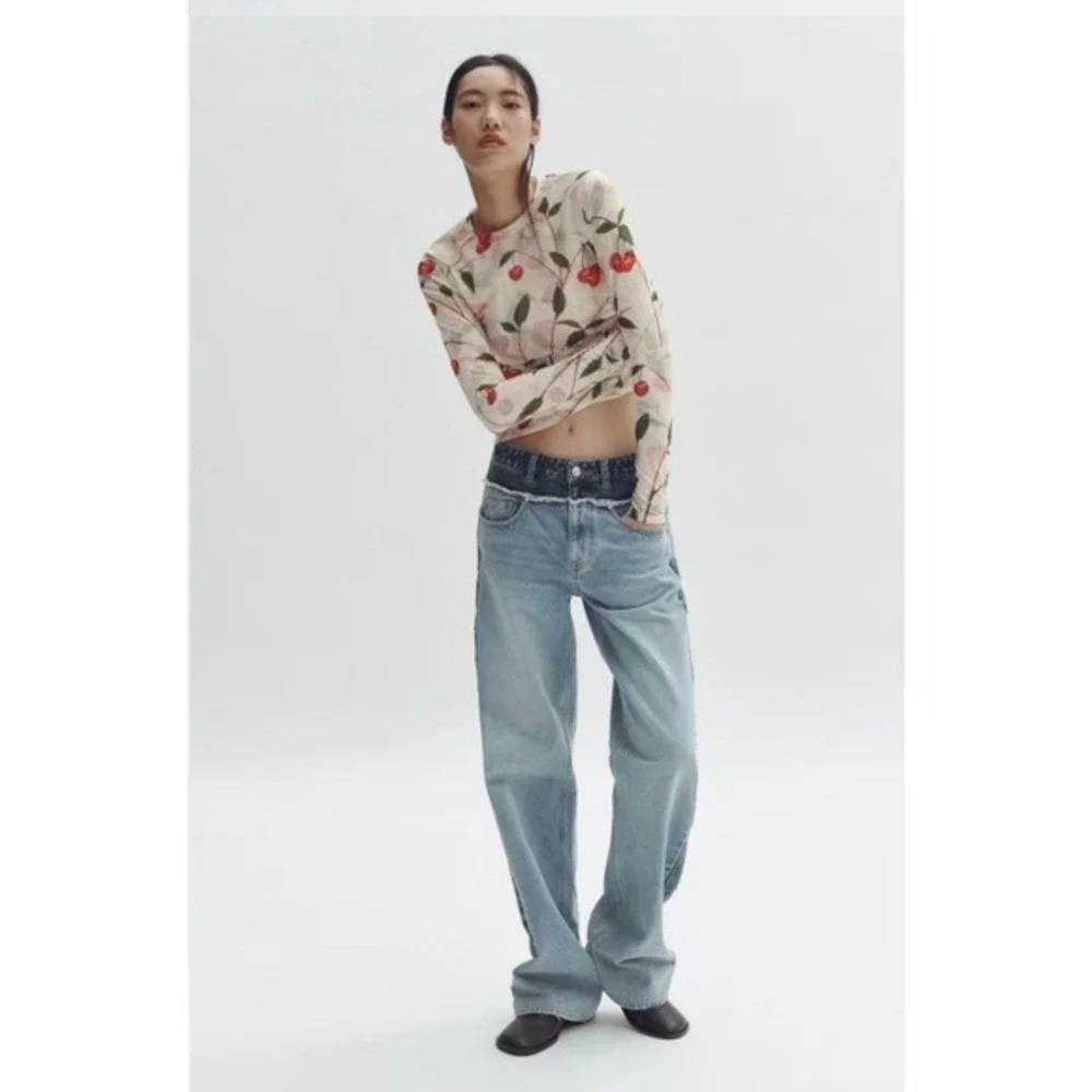 Stella McCartney x H&M Cherry Print Ruched Mesh Long Sleeve Top Cream Red | L - Picture 3 of 5